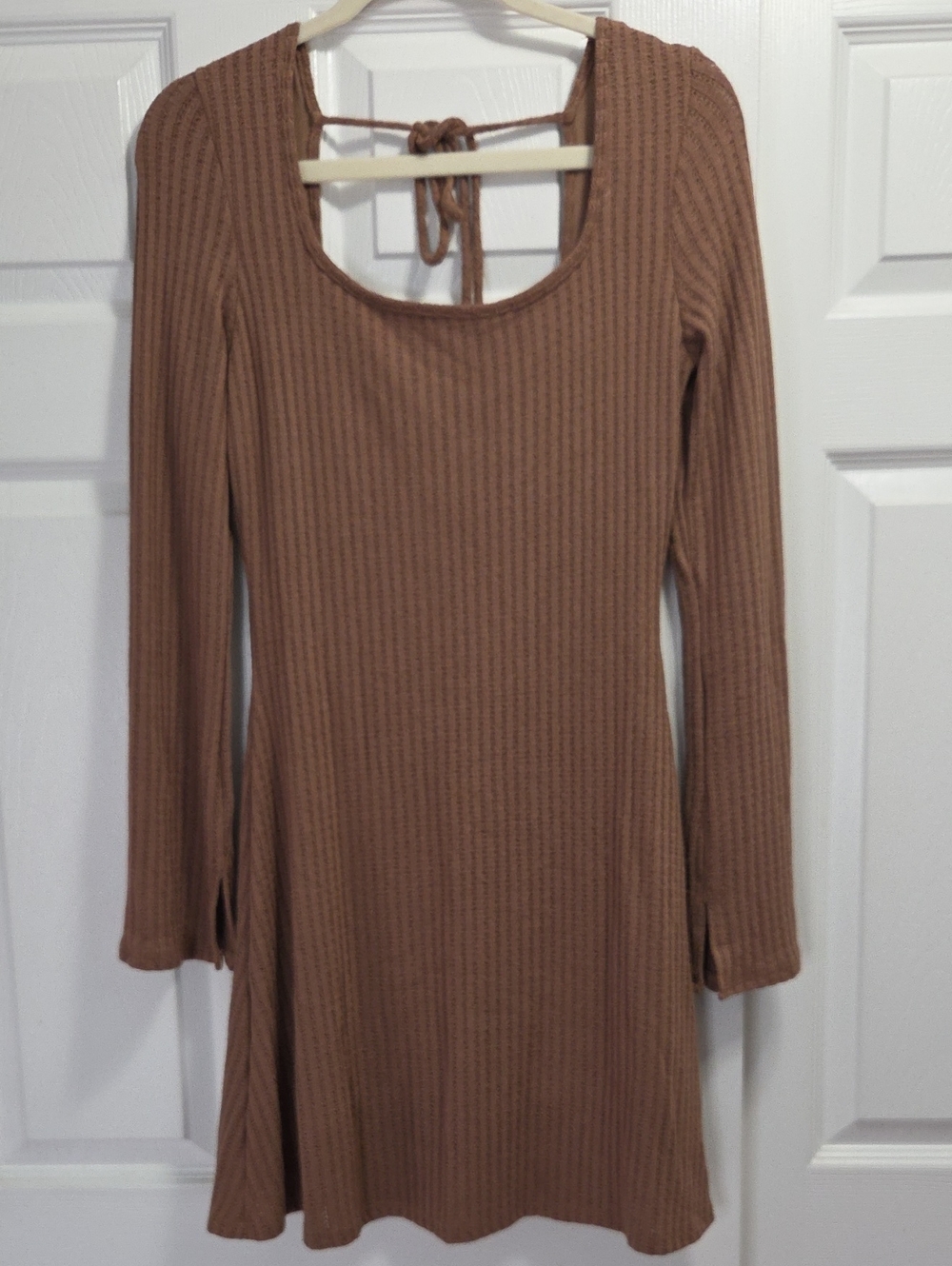 See You Monday Ribbed Scoop-Neck Open Back Long Sleeve Dress